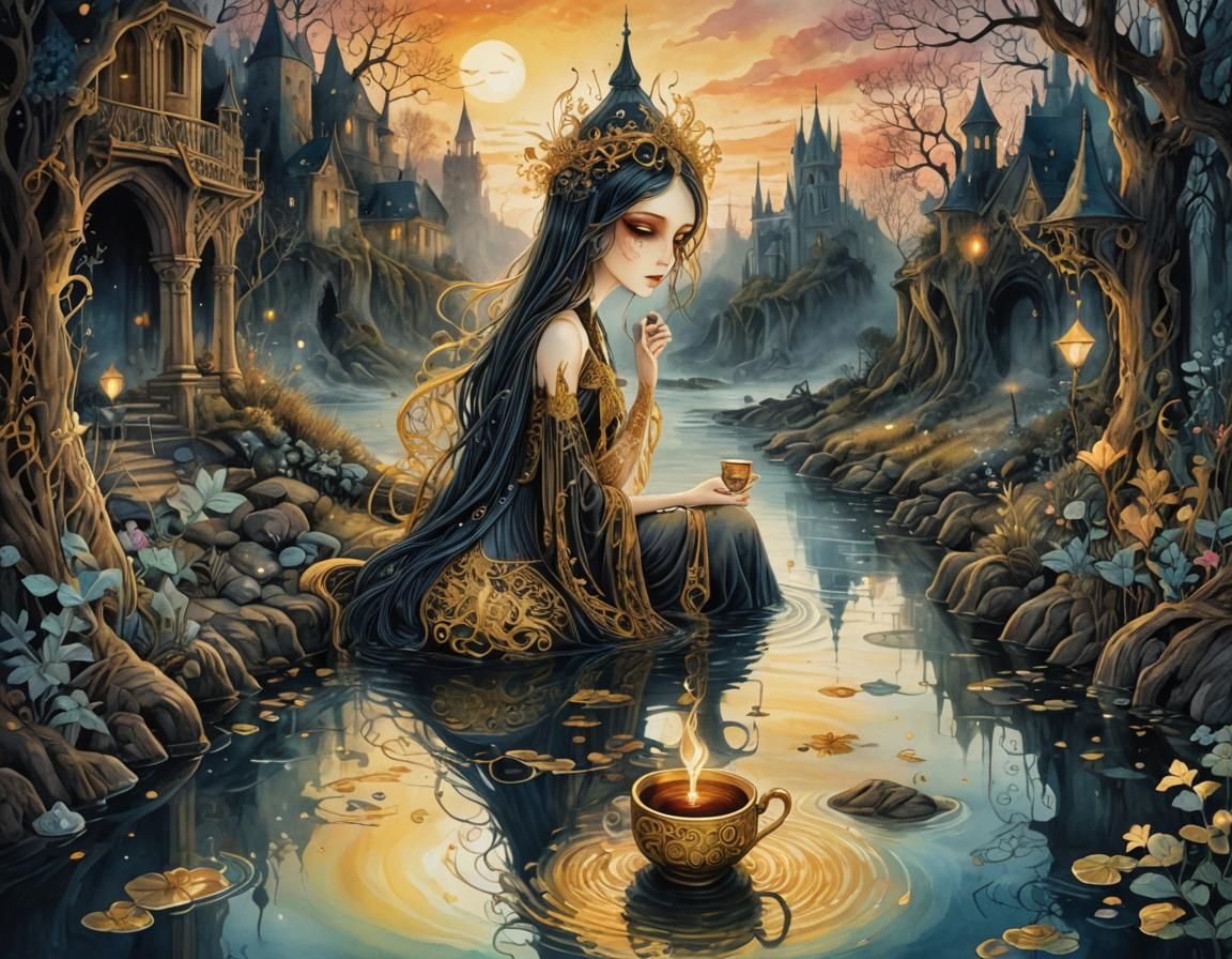 Golden Hour River Styx in Watercolor and Ink