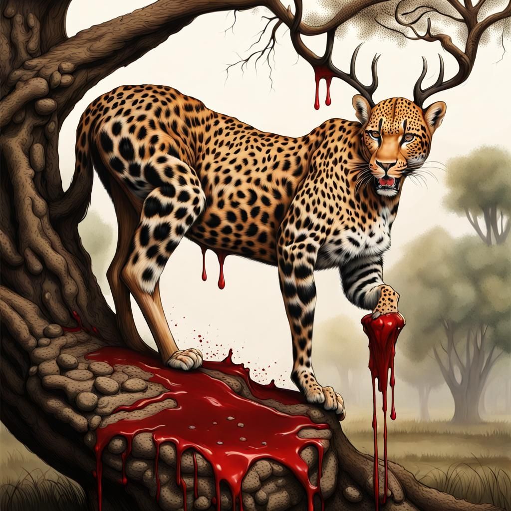 Leopard Devouring Deer in a Tree