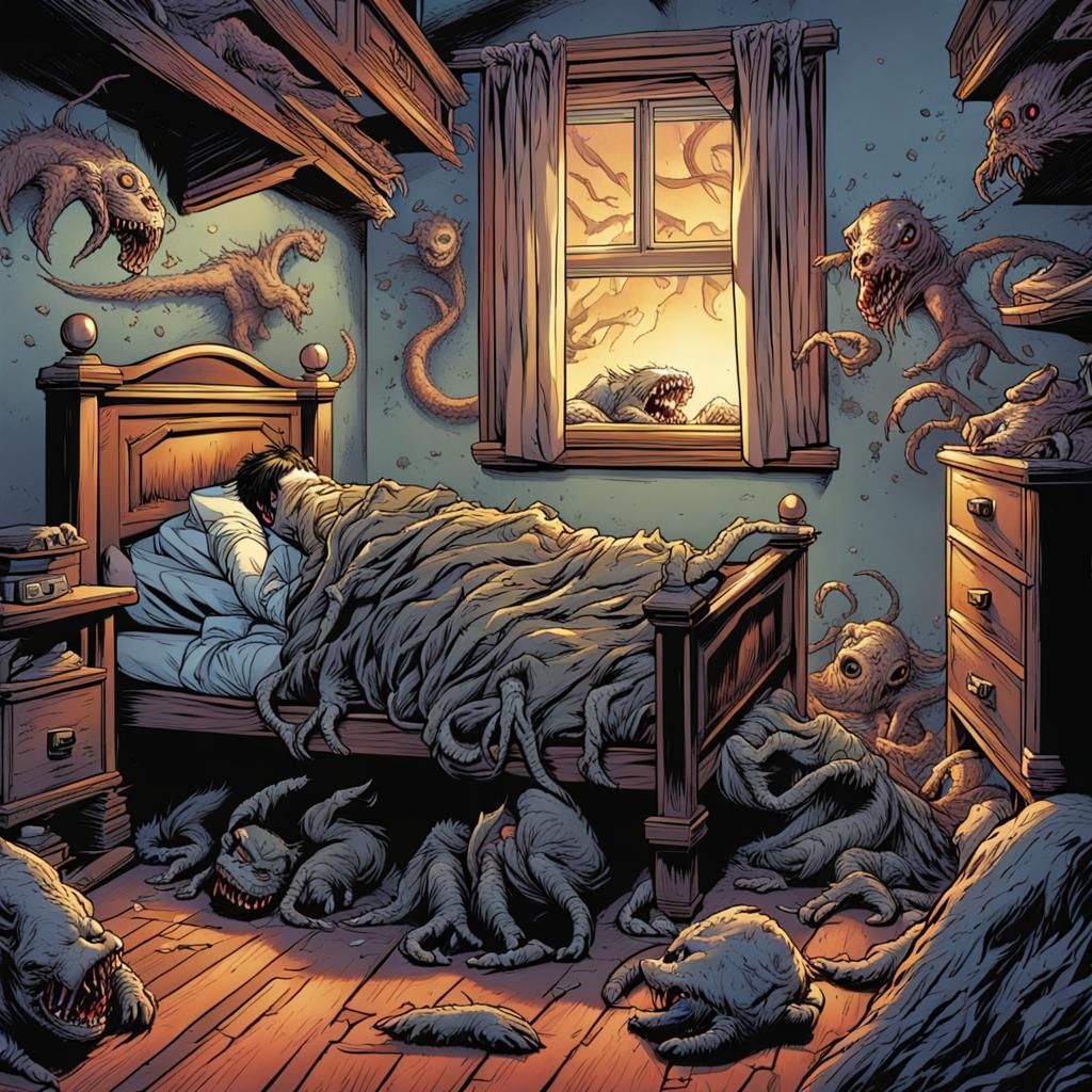 Demonic Creature Under Bed: Comic Book Art