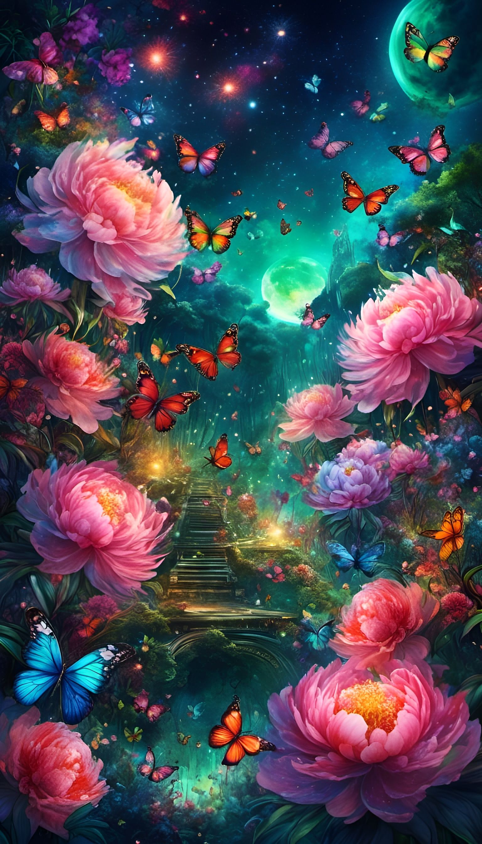 Peony Garden Midnight Explosion in Hyperreal Style