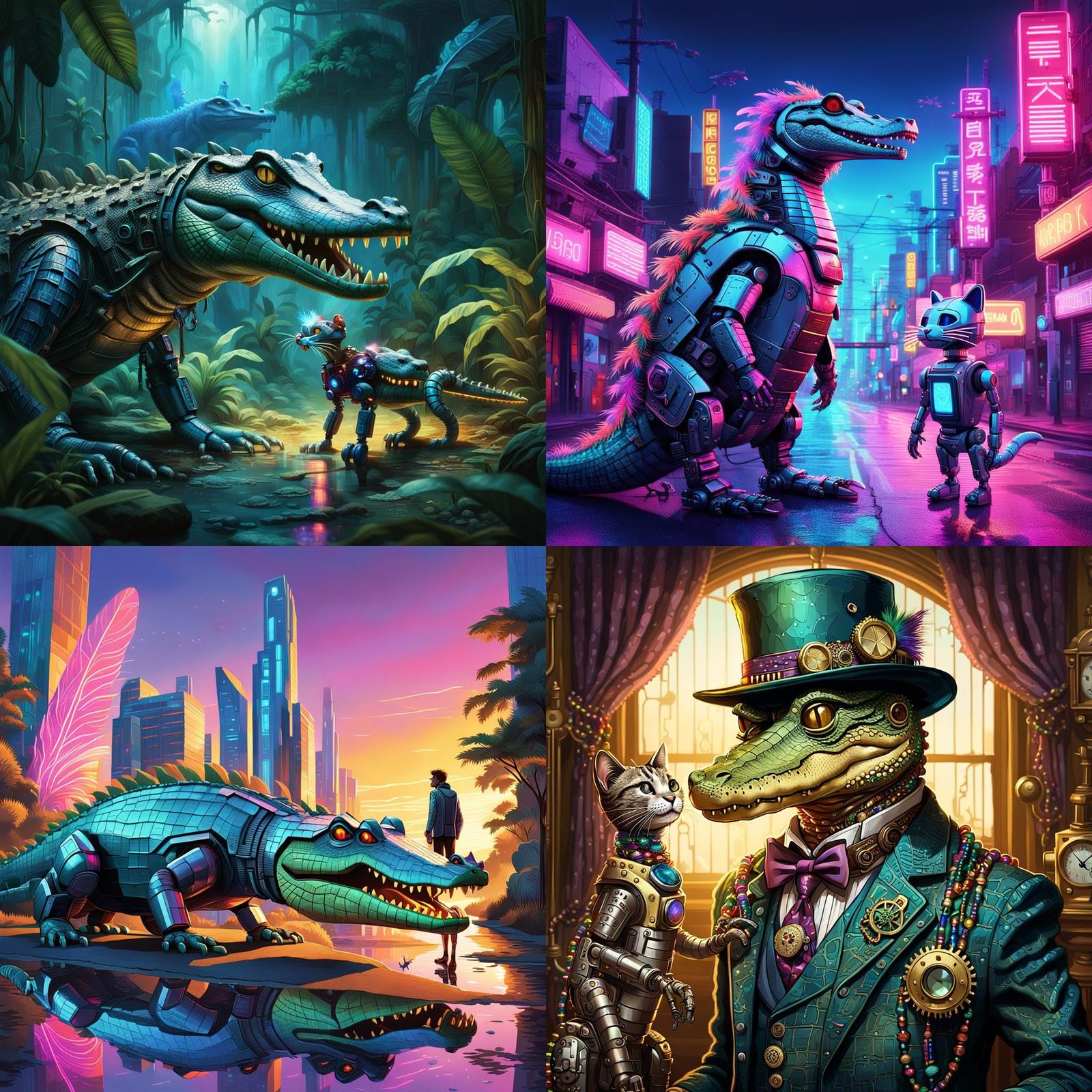 Futuristic Animal Encounter: Crocodile Meets Robotic Feline