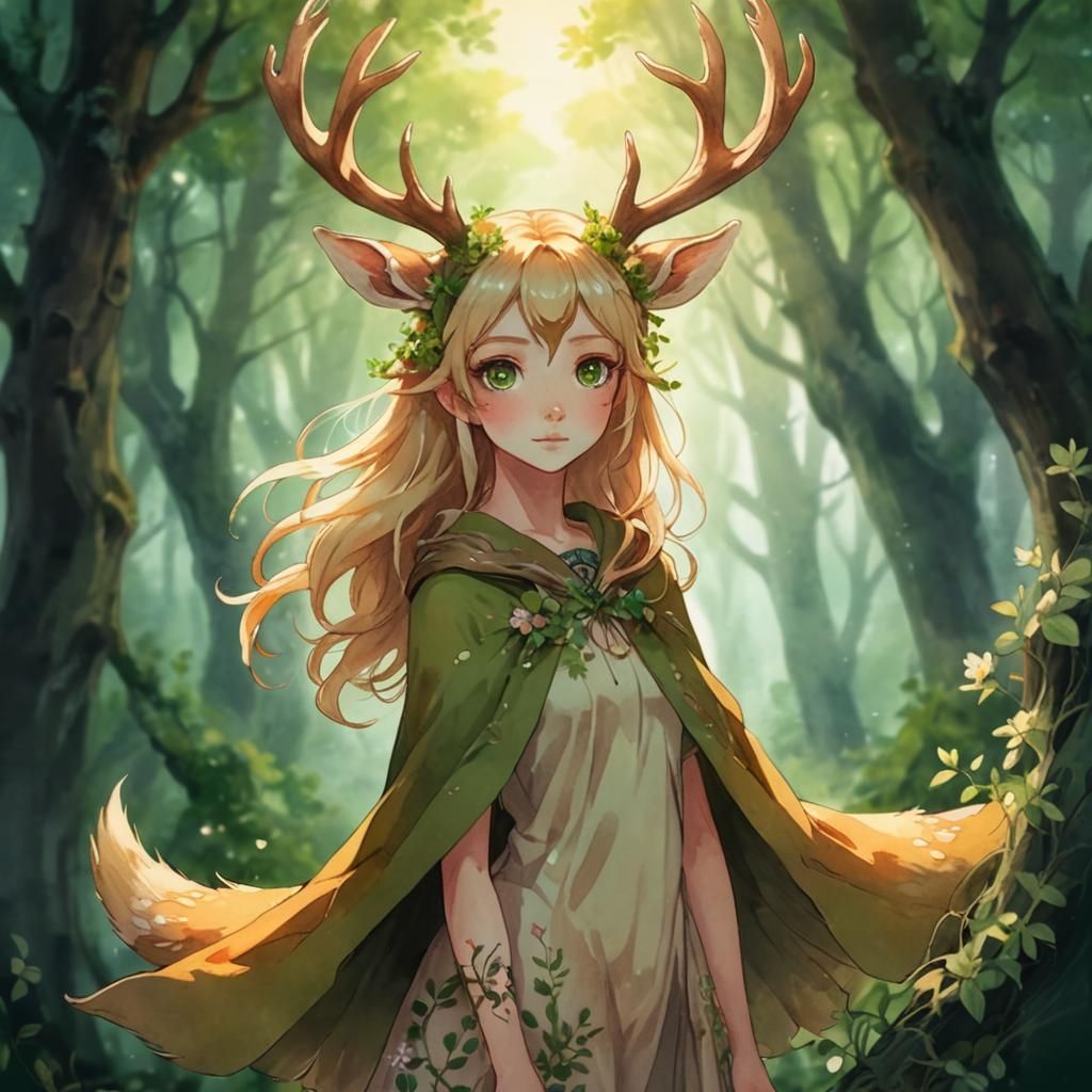Ethereal Anime Deer Woman in Watercolor Style