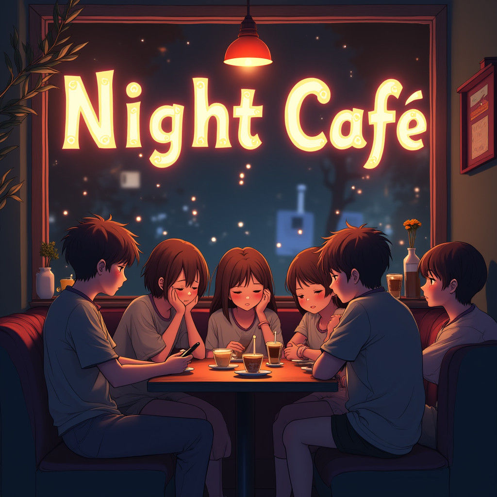 Teenagers Relaxing in Anime-Style Night Cafe