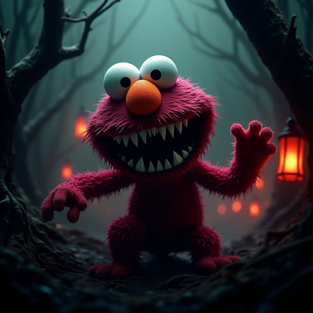 Menacing Evil Elmo in Dark Fantasy Style