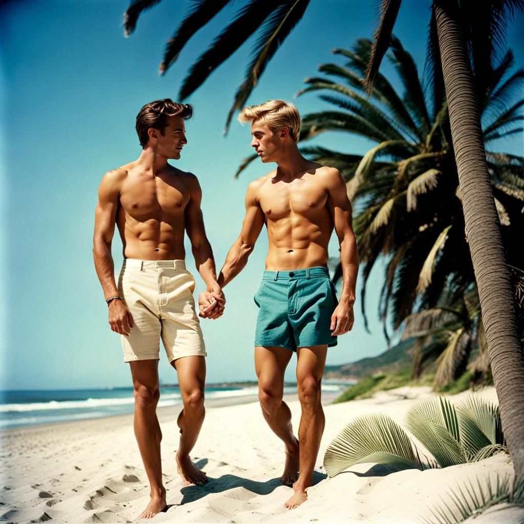 1960s Beach Scene of Two Men Holding Hands