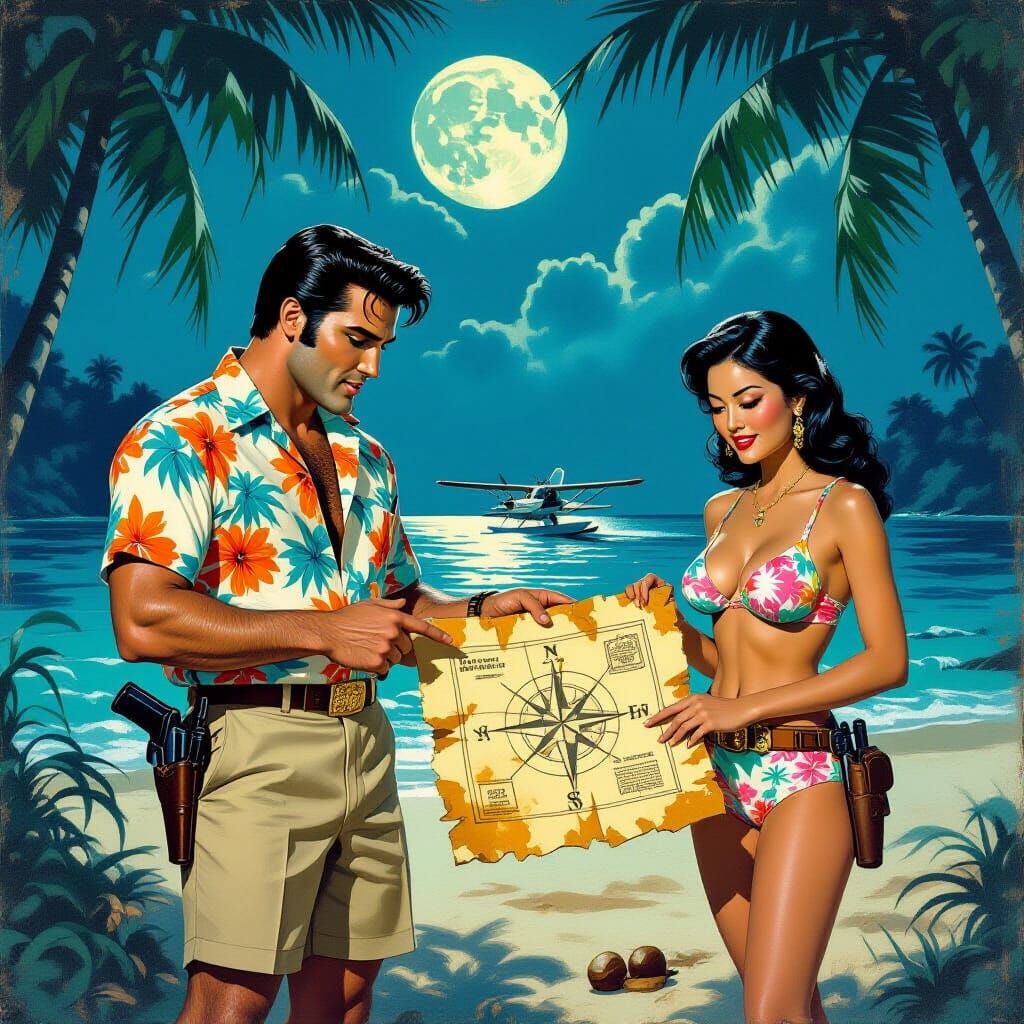 Elvis Leads Treasure Hunt in Pulp Art Style