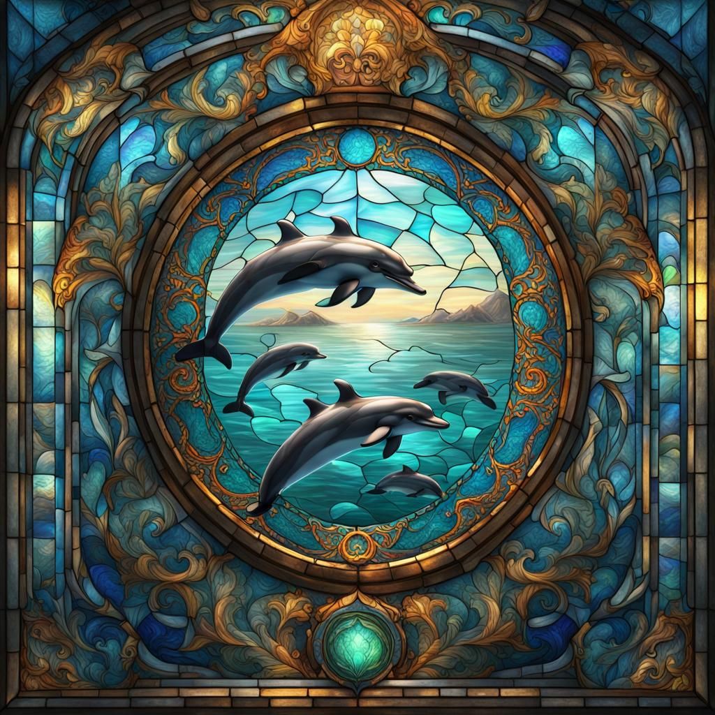 Renaissance Style Stained Glass Dolphins Art
