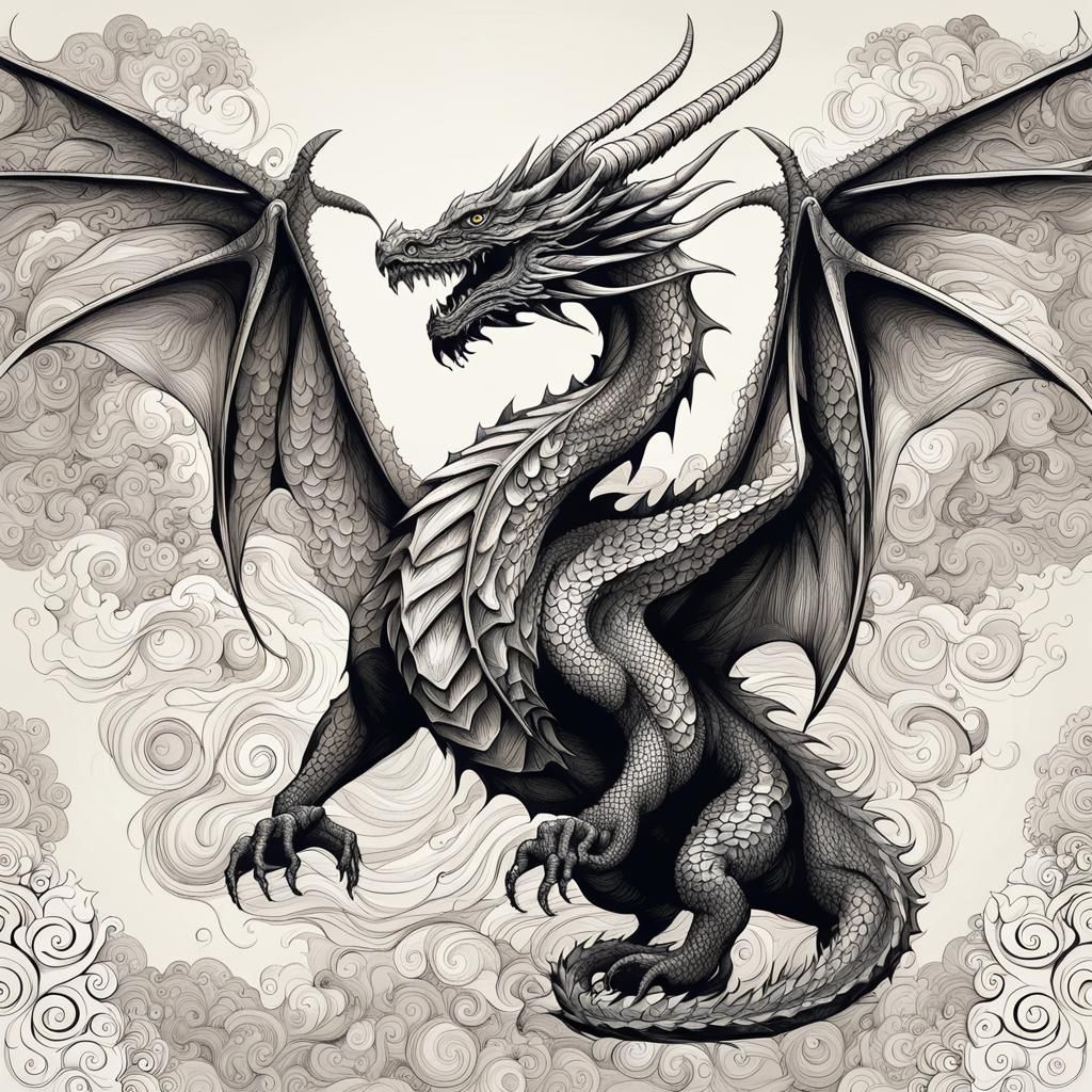 Detailed Ink Sketch of a Dragon with Zentangle Elements