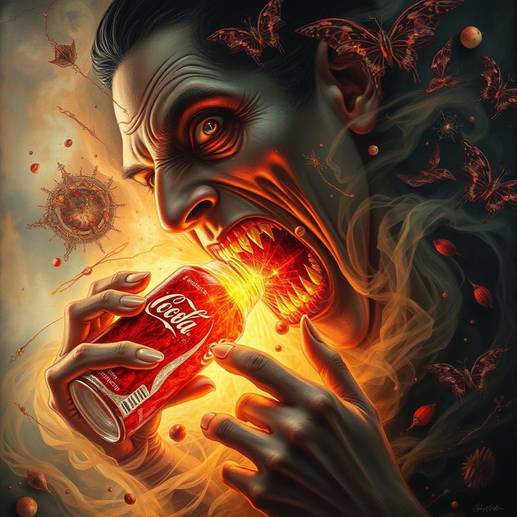 Vampire Bites into Glowing Coca-Cola in Cosmic Bio-Art Scene