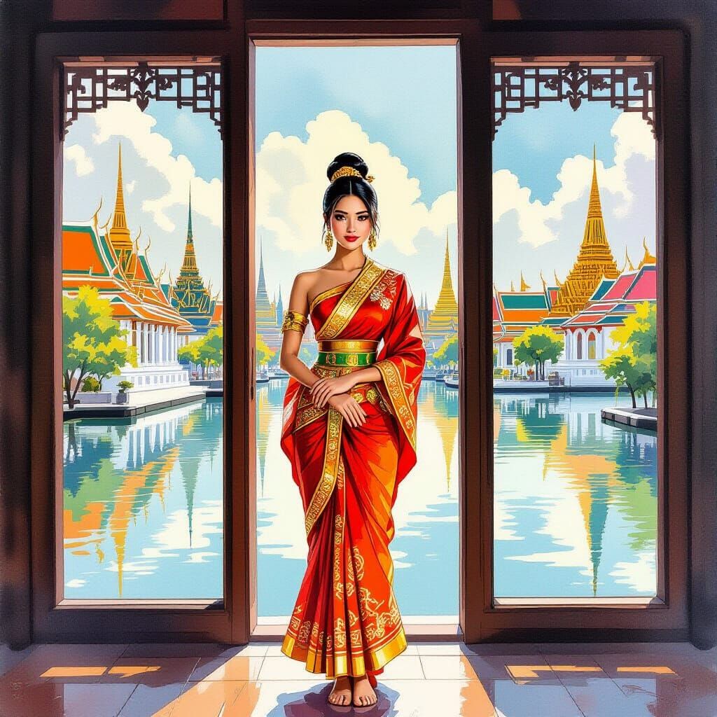 Thai Woman in Watercolor Landscape