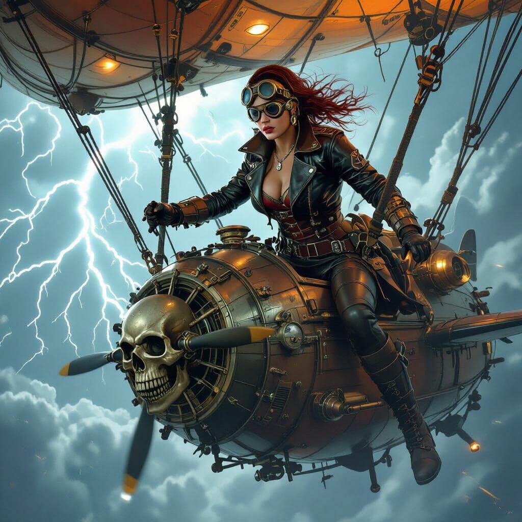 Dieselpunk Pirate Queen Navigating Stormy Skies