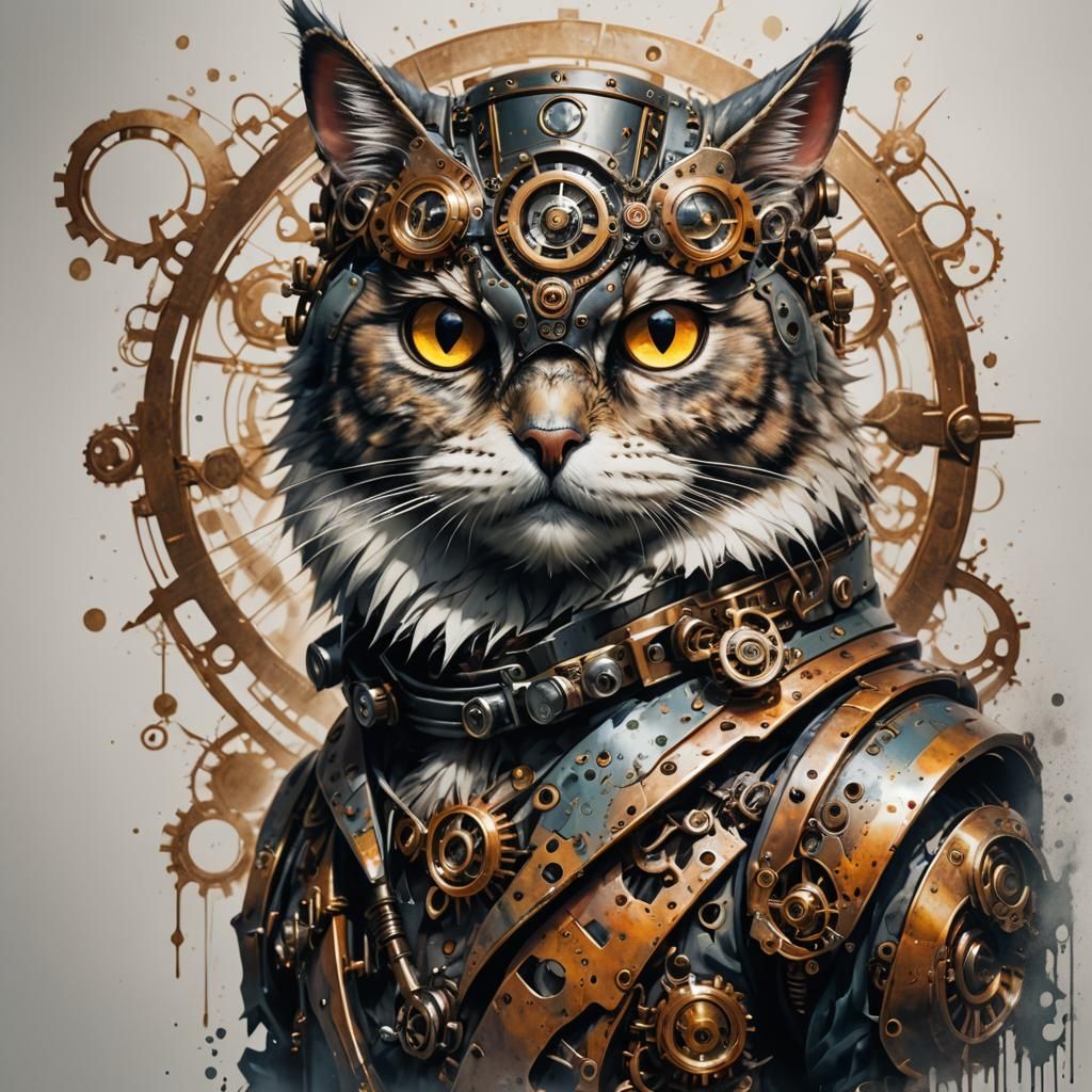 Steampunk Cat Owl Tattoo in Digital Art Style