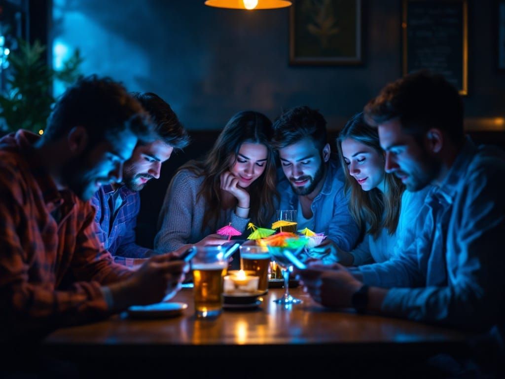 Friends on a First Date in a Pub, Surrounded by Screens