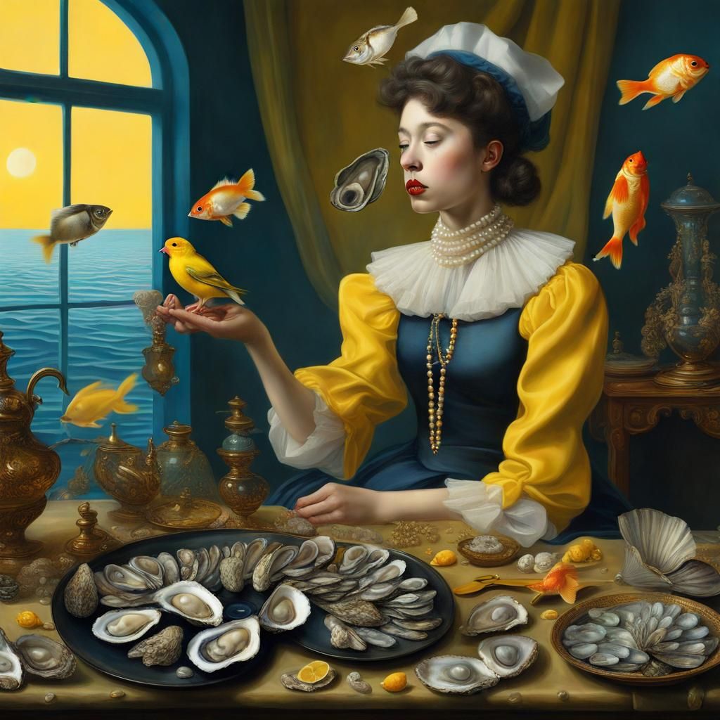 Surreal Girl with Finch, Inspired by Classical Art