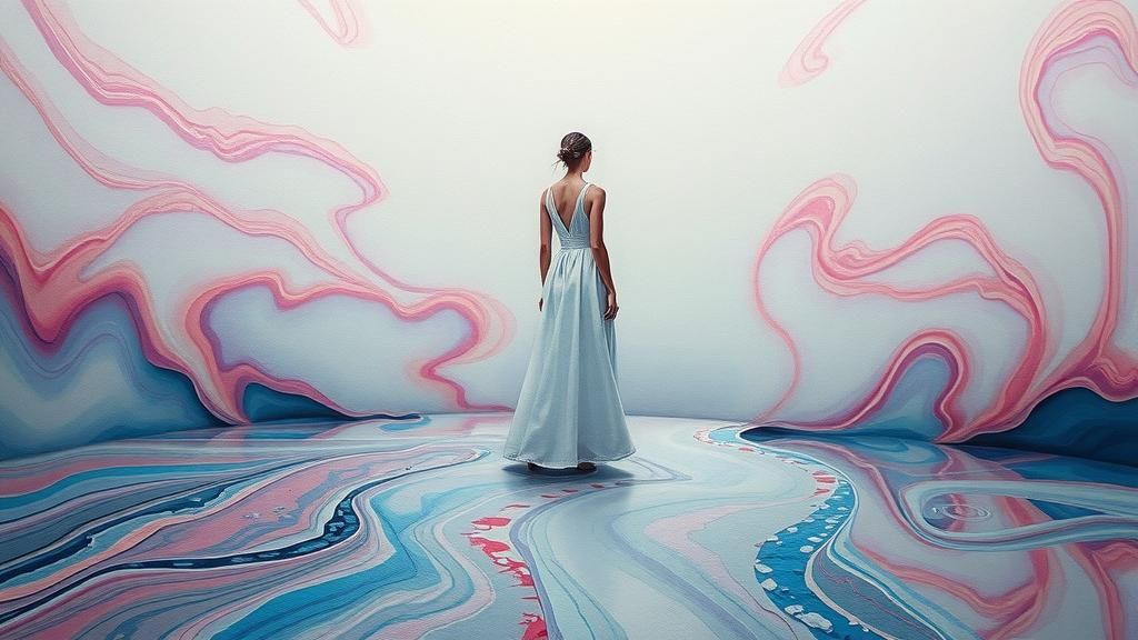 Surreal Figure Amidst Melting Oil on Canvas