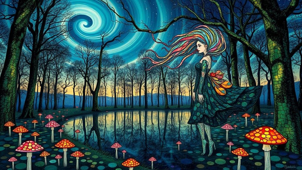 Mirrored Mosaic Forest with Auroras in Surreal Style