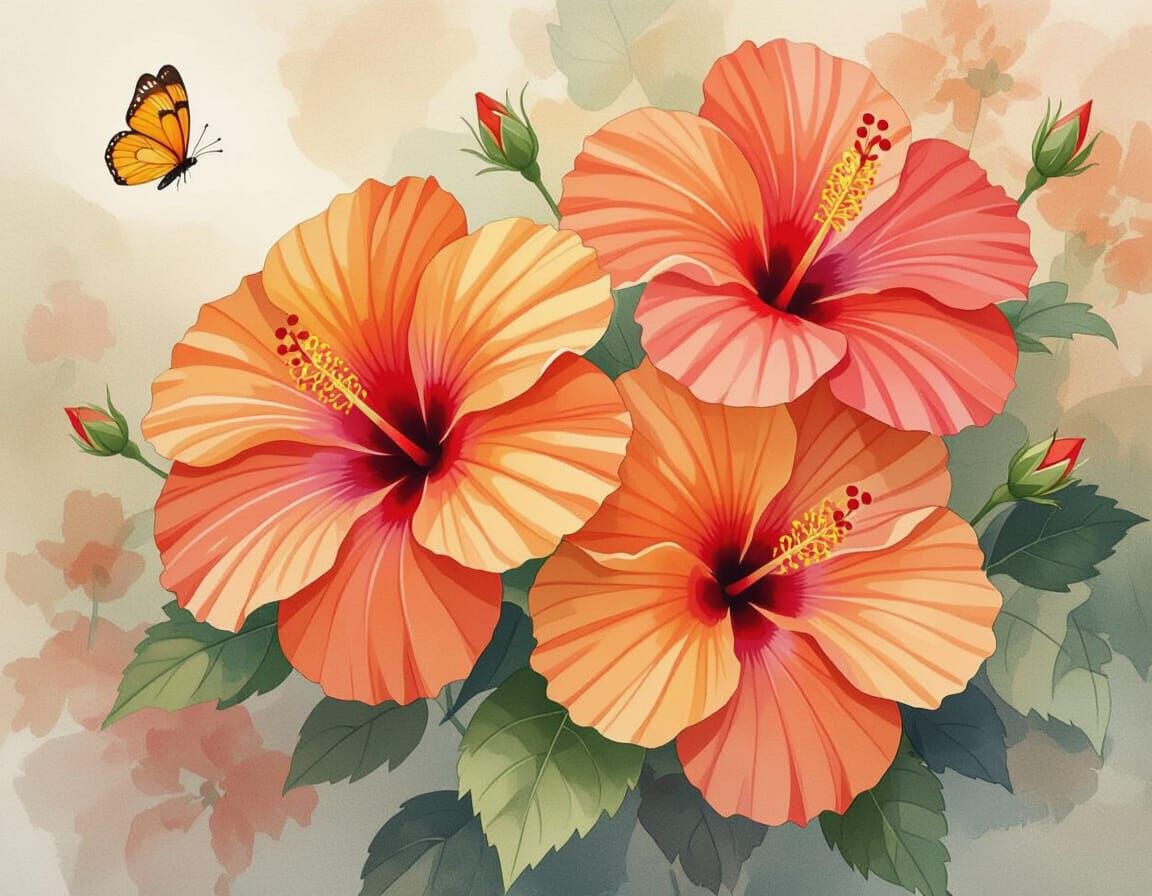 Whimsical Hibiscus Flowers in Watercolor Style