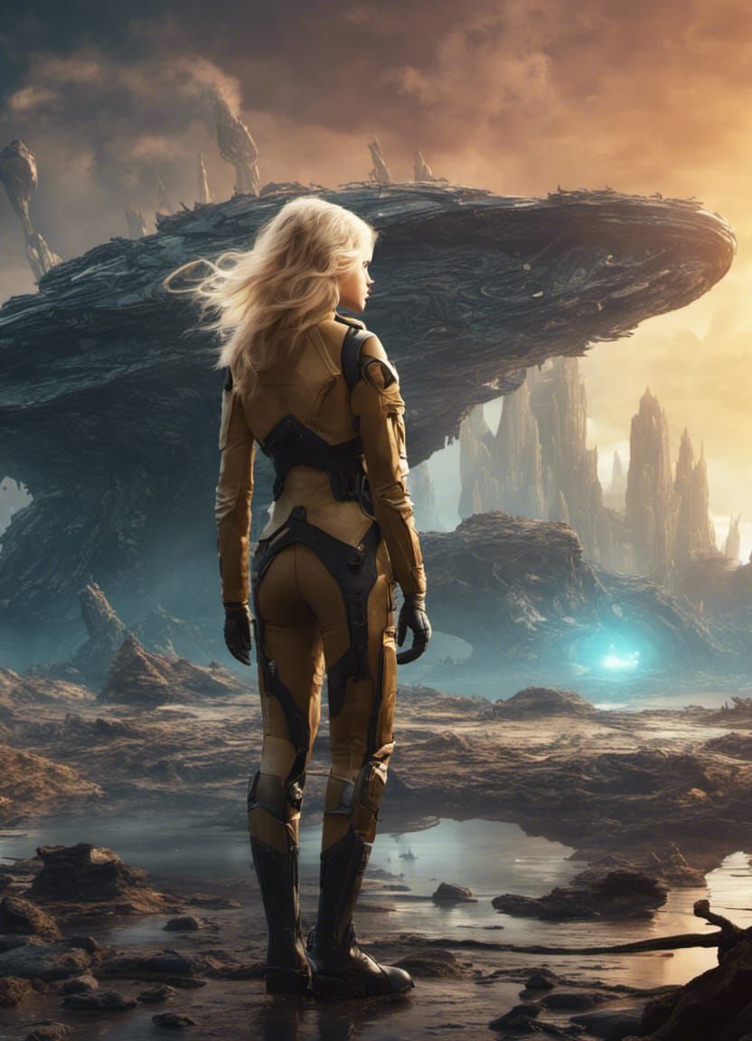 Alien Water World: Historian and Starship Wreckage