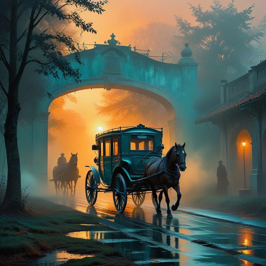 Dreamy Carriage Ceremony in Foggy, Golden Light