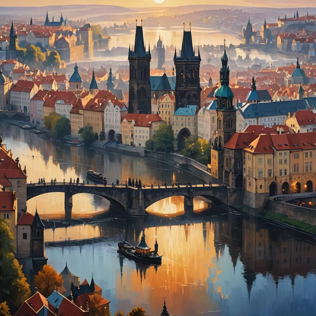Prague Cityscape Oil Painting at Sunset