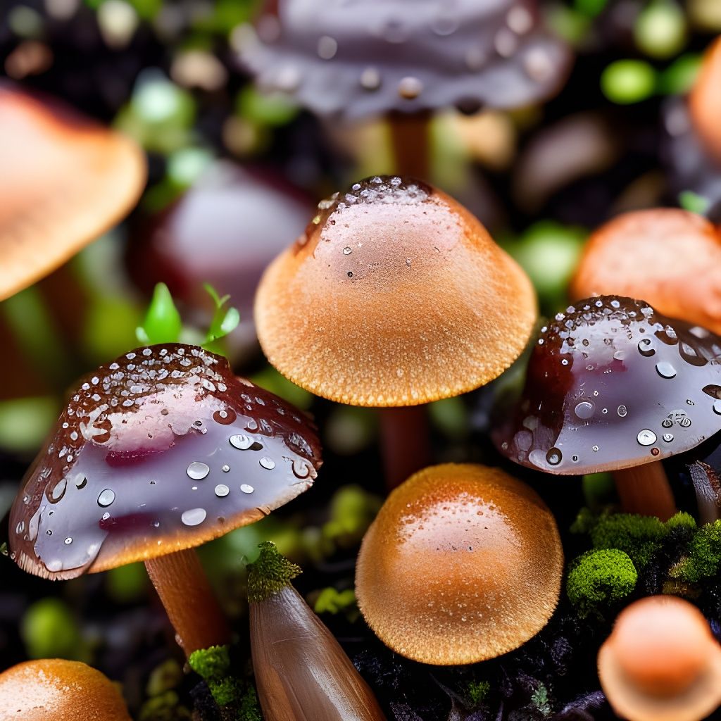 Detailed Mushrooms with Water Droplets and Moss