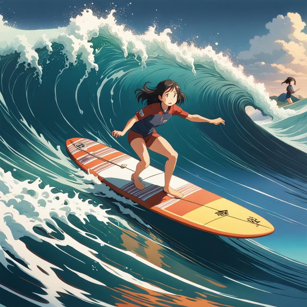 Anime Style Girl Surfing a Big Wave