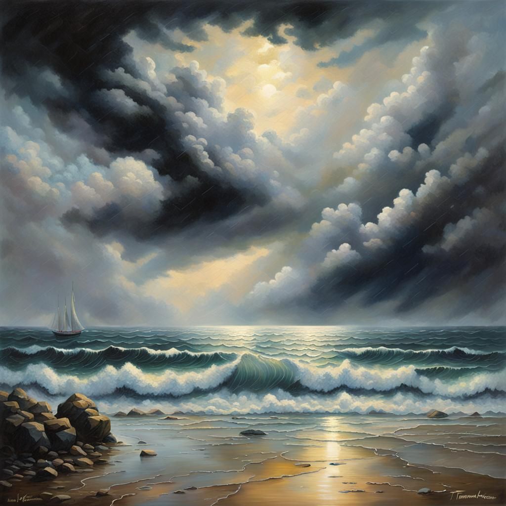 Stormy Beach in Classical Realism Style