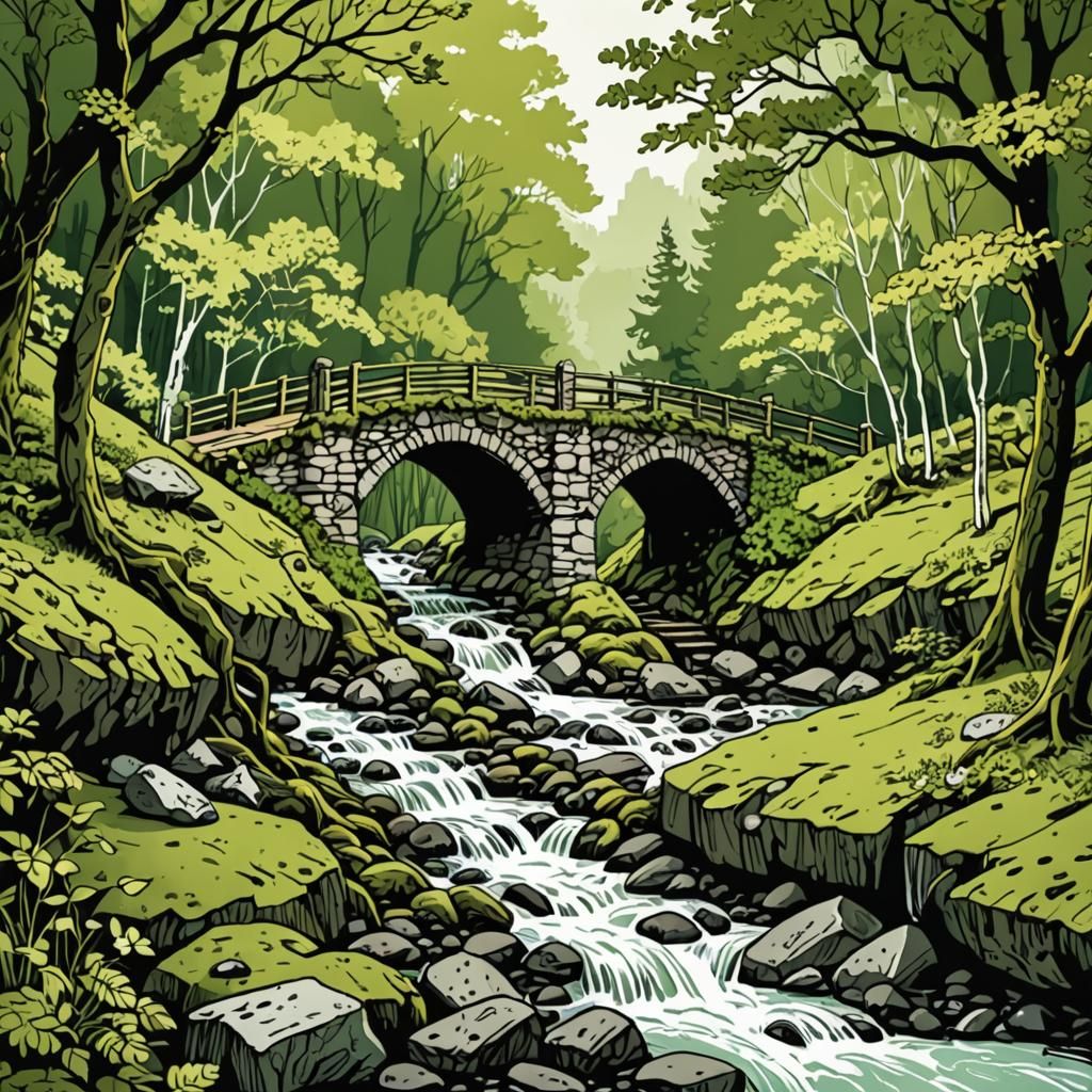 Monochromatic Green Stream with Vine Bridge in Ink