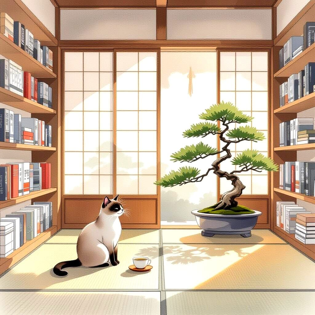 Serene Japanese Bookstore in Storybook Realism Style
