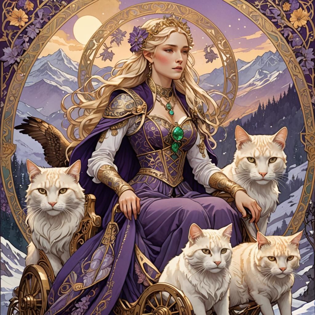 Freyja in Art Nouveau Style with Cats