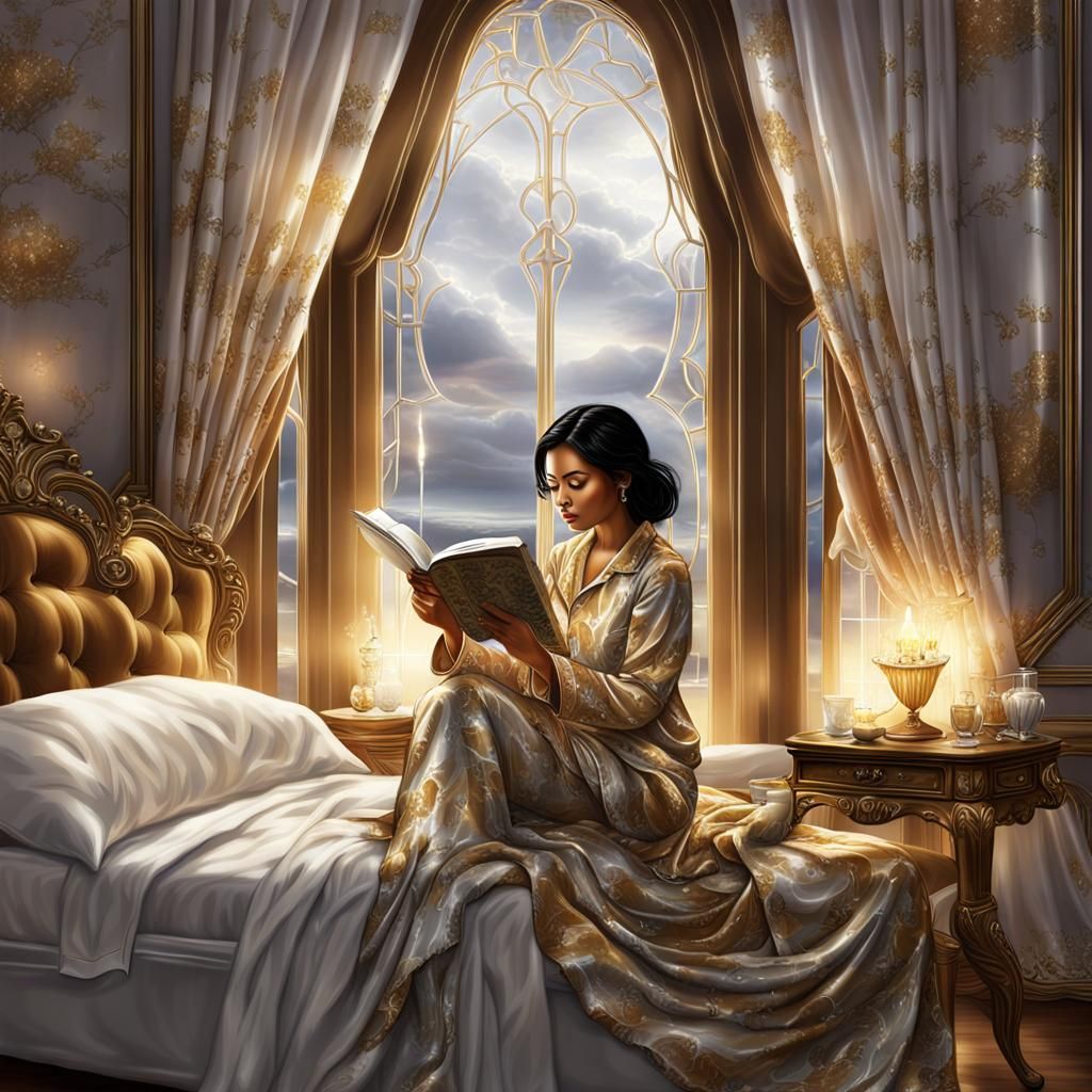 Woman Reading in Elegant Bedroom Suite