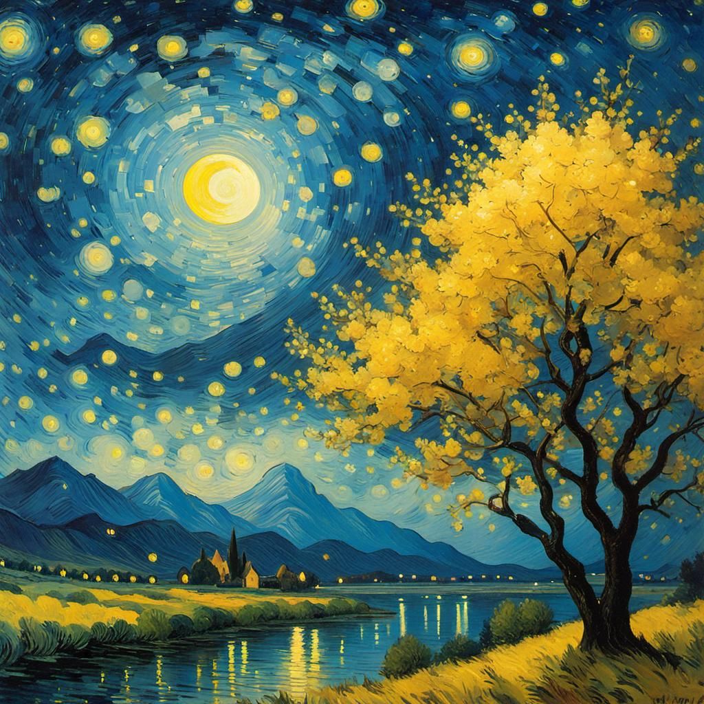 Van Gogh Starry Night Landscape with Flowers