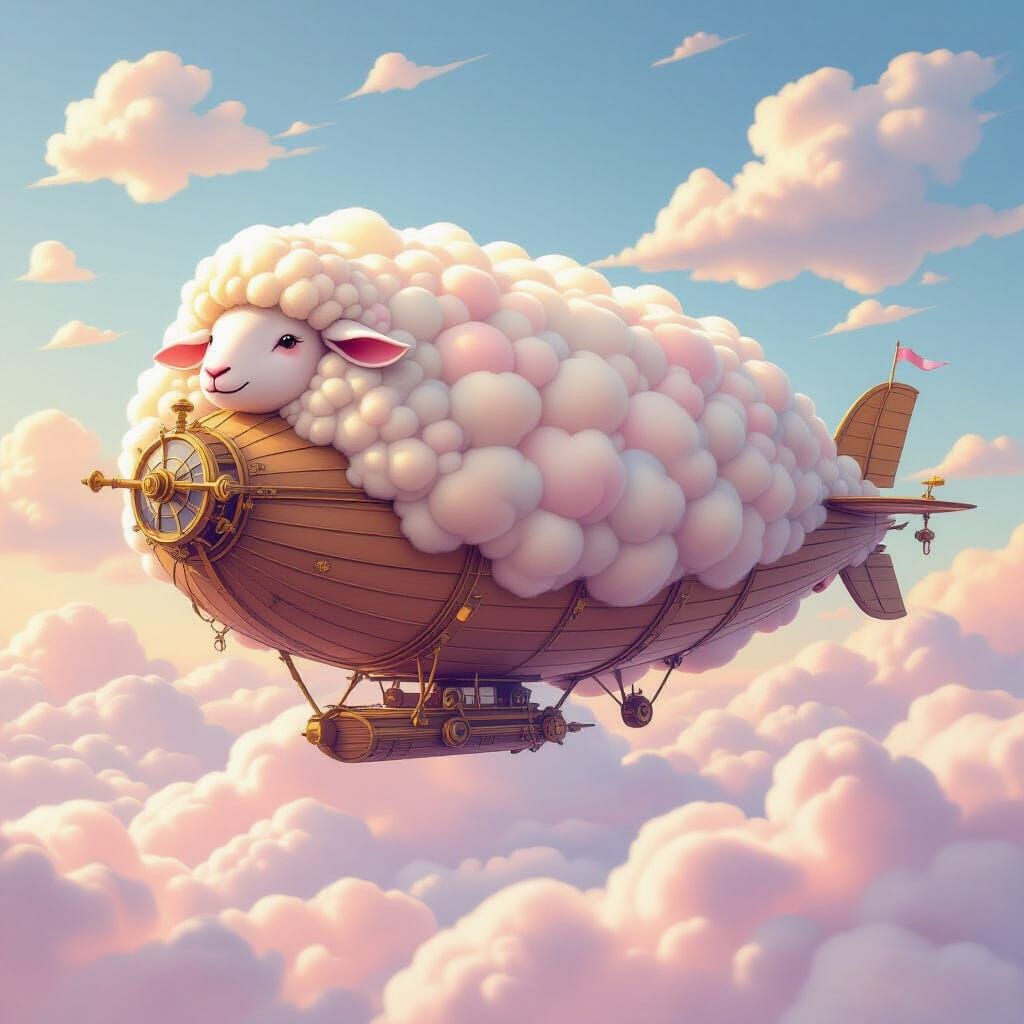 Sheep Airship Soaring Through Cotton Candy Sky Ghibli Style