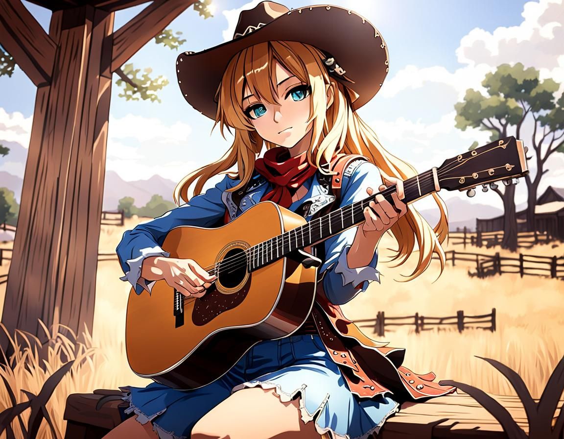 Anime Cowgirl Plays Acoustic Guitar, Western Style