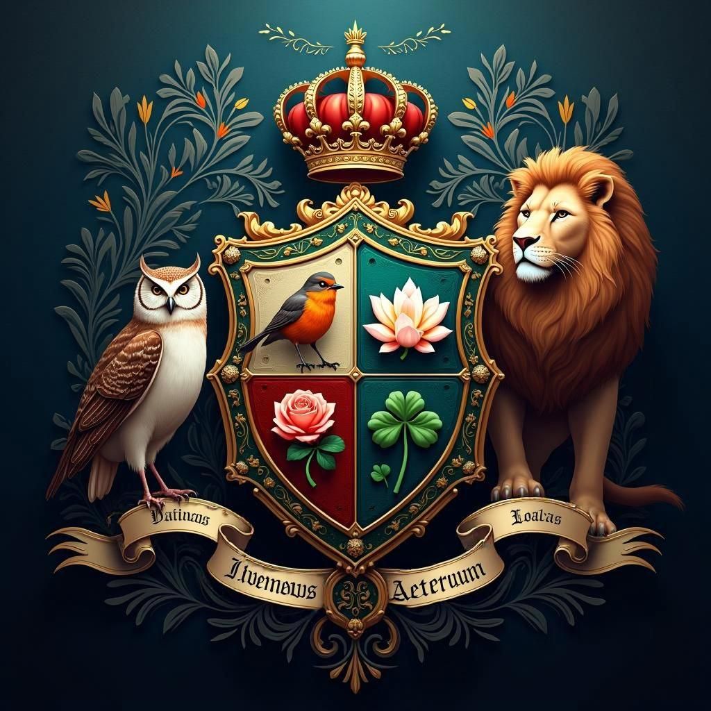 Family Coat of Arms with Lion and Owl