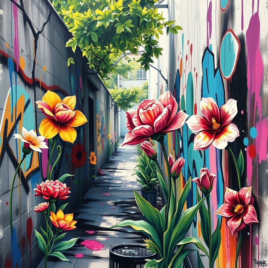 Colorful Flowers Bloom in Graffiti Street Art