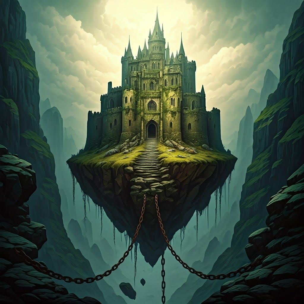 Floating Castle Island Anchored by Chain in Gustave Doré Sty...