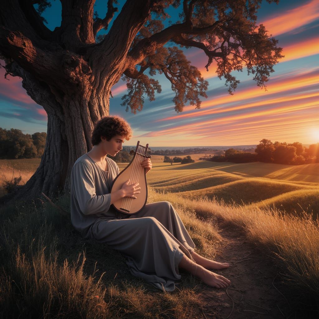 Serene Shepherd in Golden Fields at Sunset