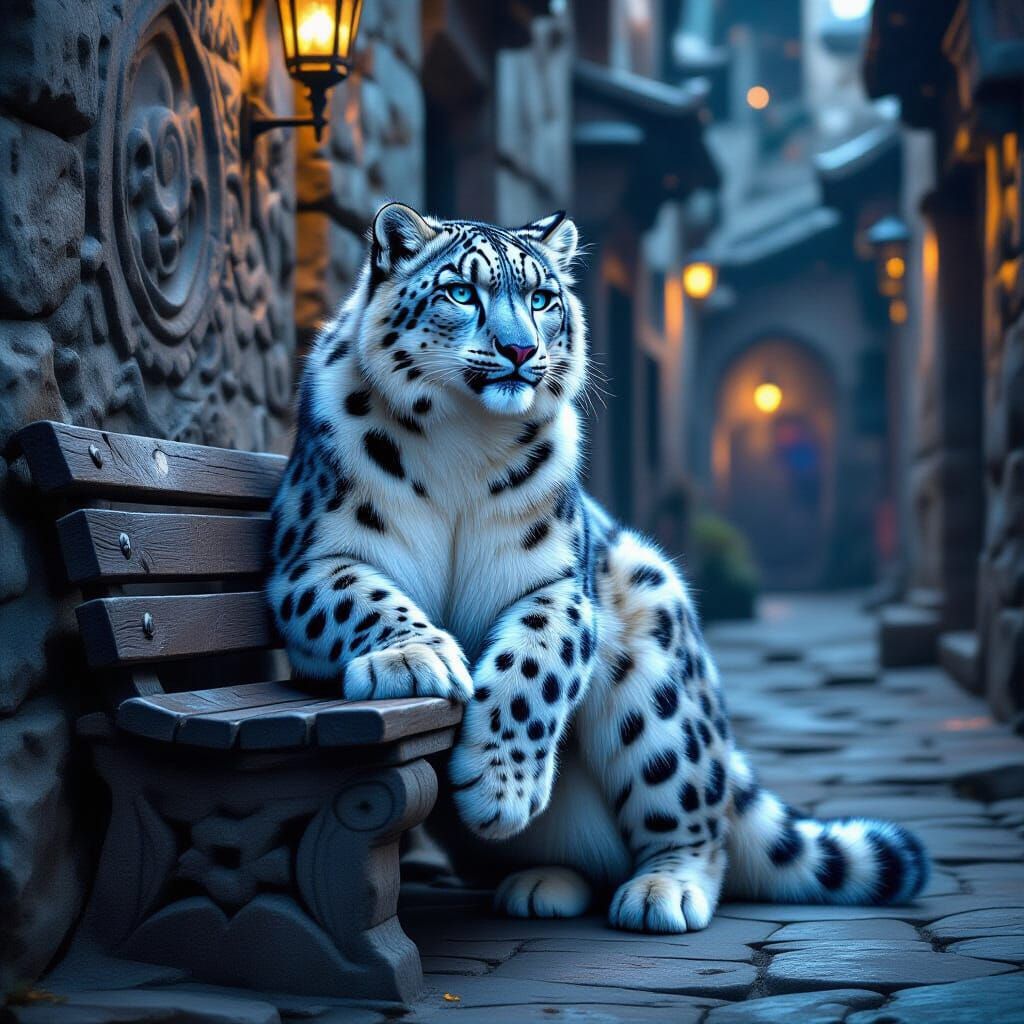 Cosmic Snow Leopard on Ancient Bench in Dim Alleyway