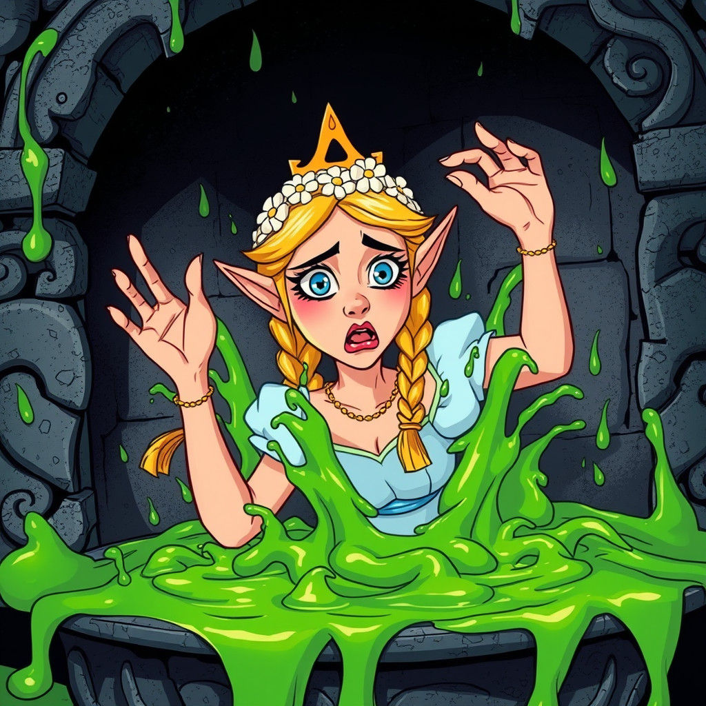 Distressed Princess Engulfed in Green Slime Fountain