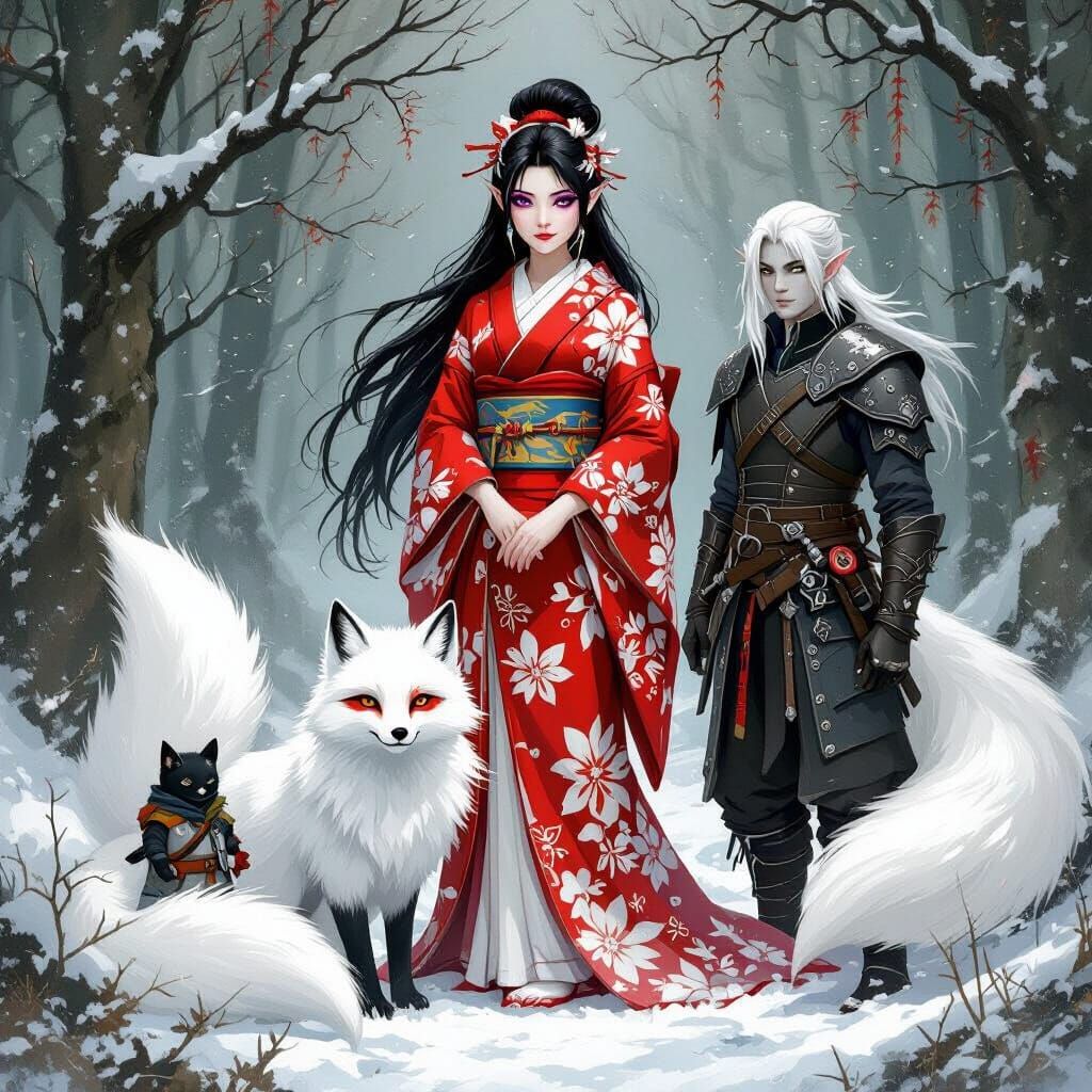 Kitsune Woman with Snow Fox in Mystical Forest