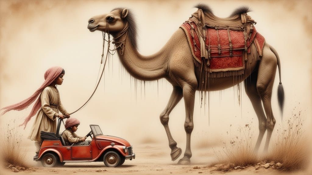 Hyperrealistic Mural of Boy and Camel in Desert