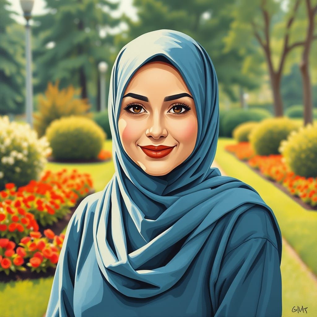 Minimalist Oil Painting of Smiling Woman in Garden