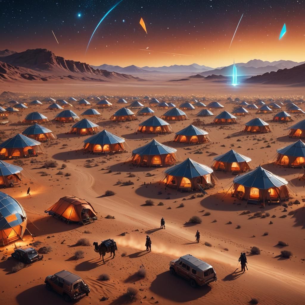 Nomadic Tribe's Desert Caravan Under Starry Skies