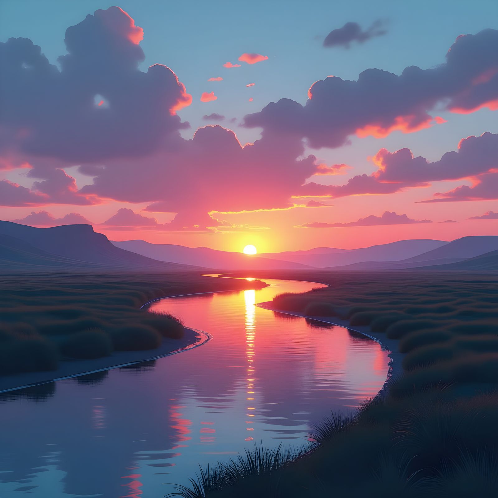 Sunset Landscape Painting with River in CGI Style