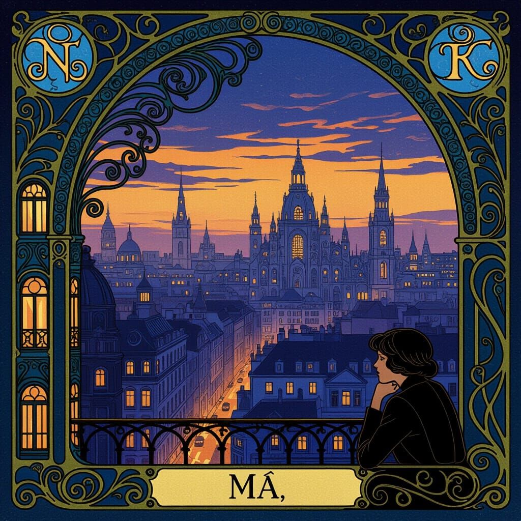 Art Nouveau Cityscape at Dusk with Solitary Figure