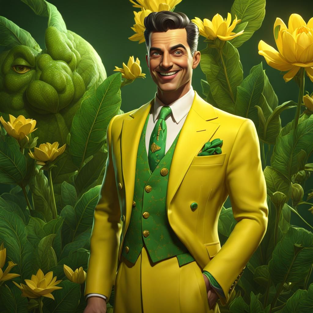 Green-Skinned Man in Yellow Suit with Cartoon Smile