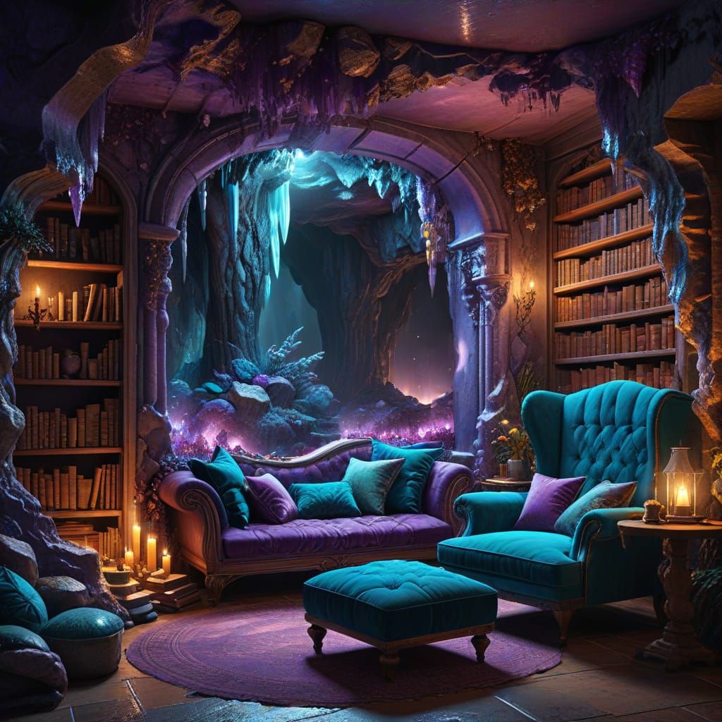 Cozy Reading Nook in a Cave, Fantasy Art