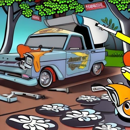 Cartoon Squirrel Pit Crew in Action