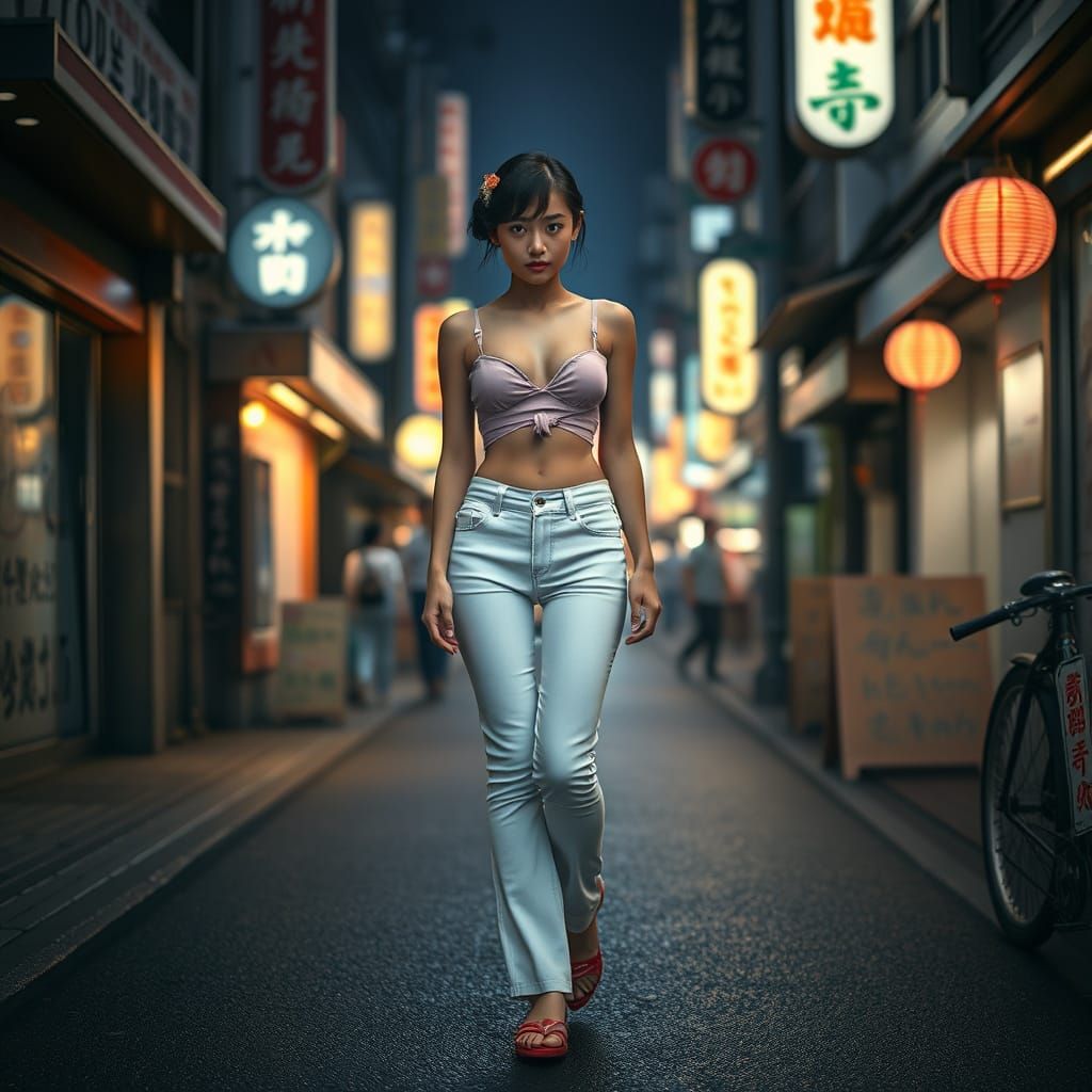 Geisha in Modern Tokyo Street, Photorealistic Style